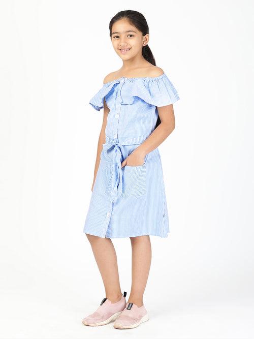 Girls Striped Cotton Off-Shoulder Dress - Blue