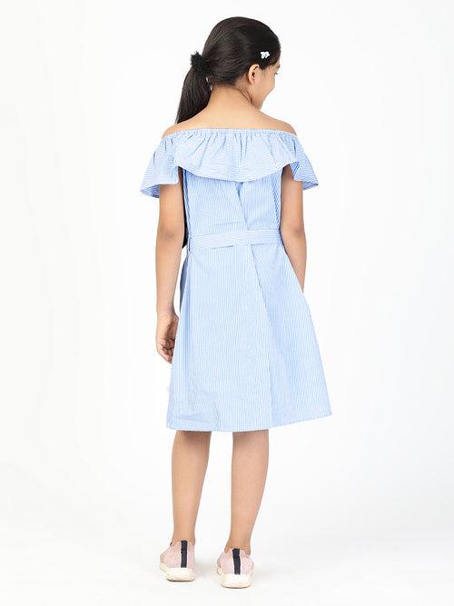 Girls Striped Cotton Off-Shoulder Dress - Blue