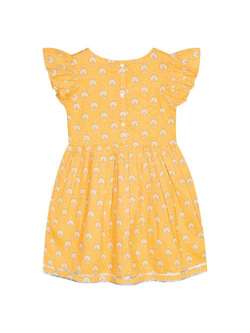 Trendy Yellow Cotton Girls Floral Dress with Bag