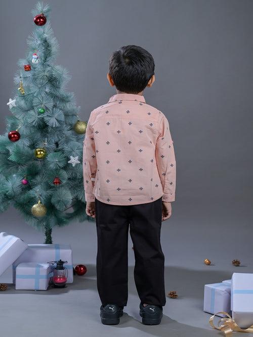 Boys Pink Printed Cotton Full Sleeves Shirt and Pant Set