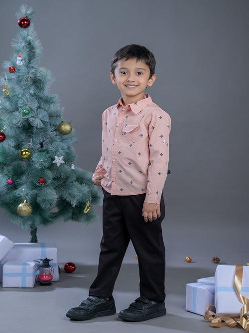 Boys Pink Printed Cotton Full Sleeves Shirt and Pant Set