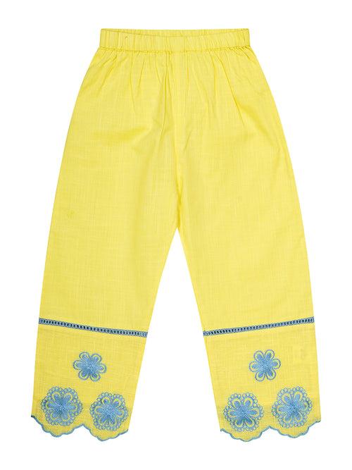 Cotton Yellow Embroidered Top- Pyjama Set