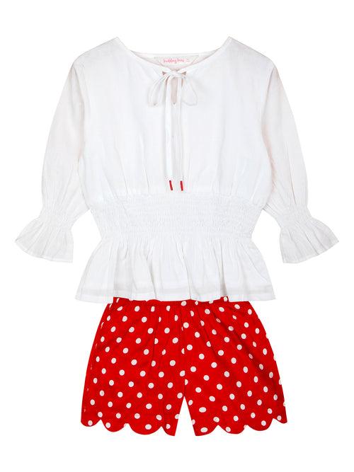 White Smocked Top with Red Polka Shorts