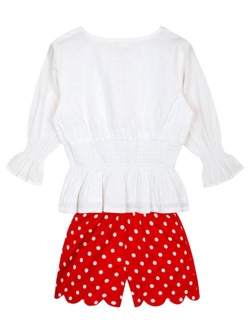 White Smocked Top with Red Polka Shorts