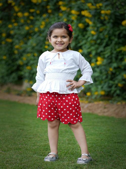 White Smocked Top with Red Polka Shorts