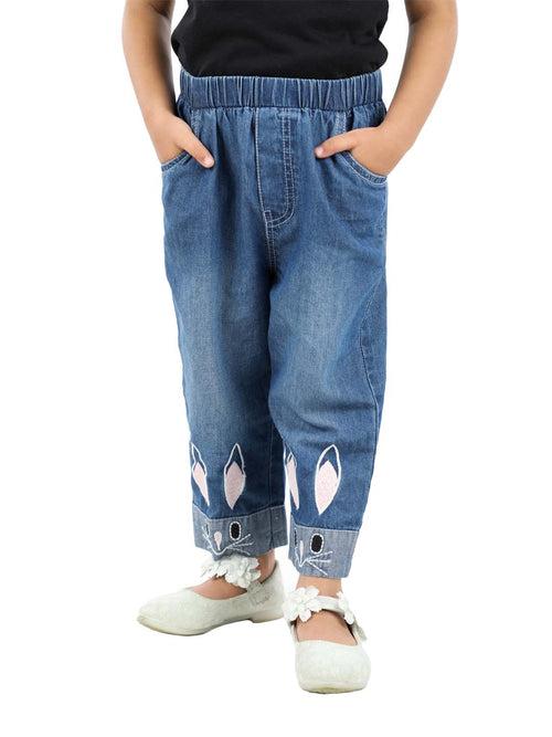 Blue Denim girls Pants with Bunny Embroidery