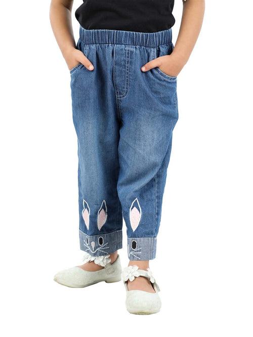 Blue Denim girls Pants with Bunny Embroidery