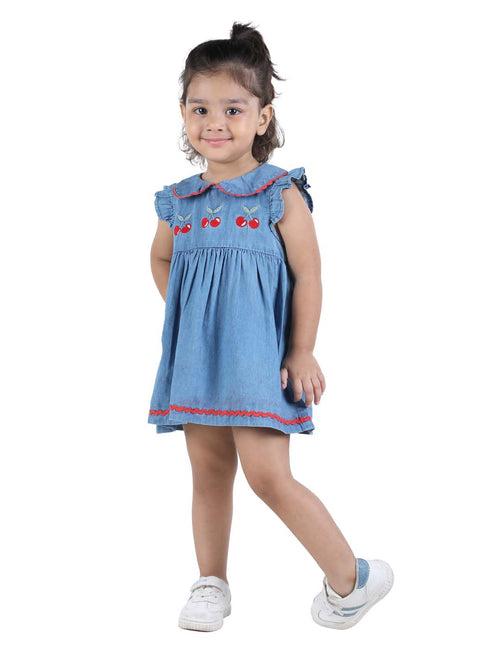 Blue Denim Girls Dress with Exquisite Embroidery