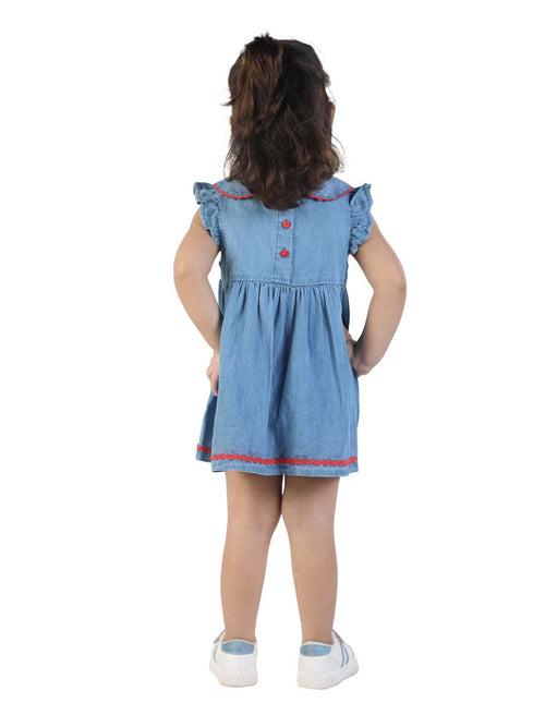 Blue Denim Girls Dress with Exquisite Embroidery