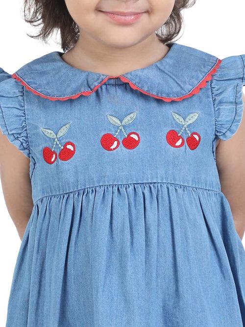 Blue Denim Girls Dress with Exquisite Embroidery