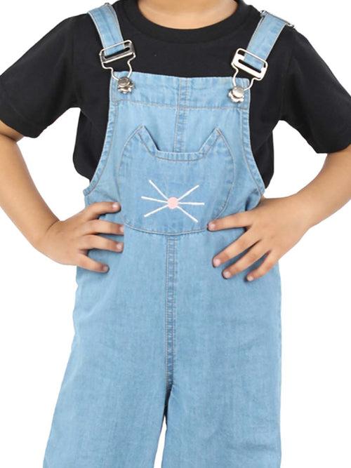 Stylish Blue Denim Girls' Dungaree with Pocket Embroidery