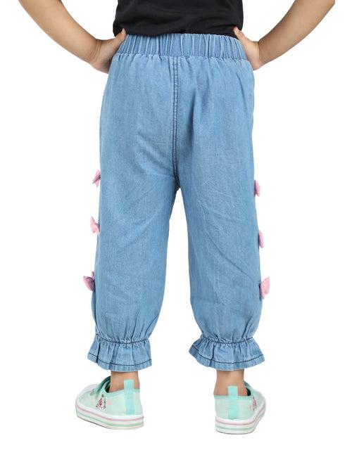 Girls' Blue Denim Pants with side Attached Bow