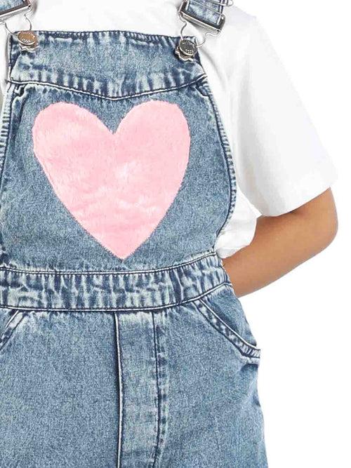 Stylish Blue Denim Dungaree with Heart Fur patch