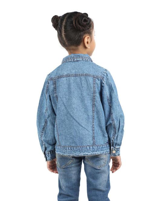 Blue denim jacket for girls with pocket thread embroidery