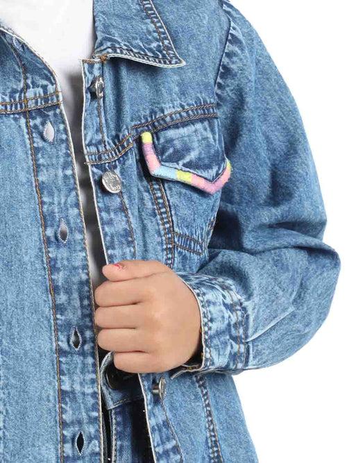 Blue denim jacket for girls with pocket thread embroidery