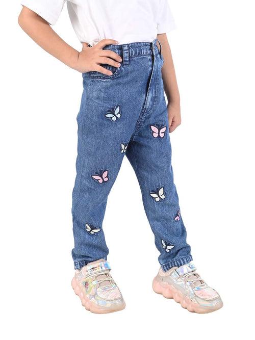 Blue Denim Jeans for Girls with Delicate Butterfly Embroidery