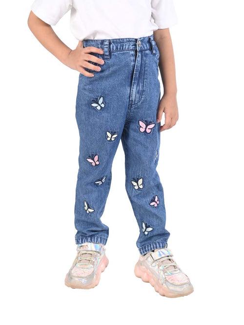 Blue Denim Jeans for Girls with Delicate Butterfly Embroidery