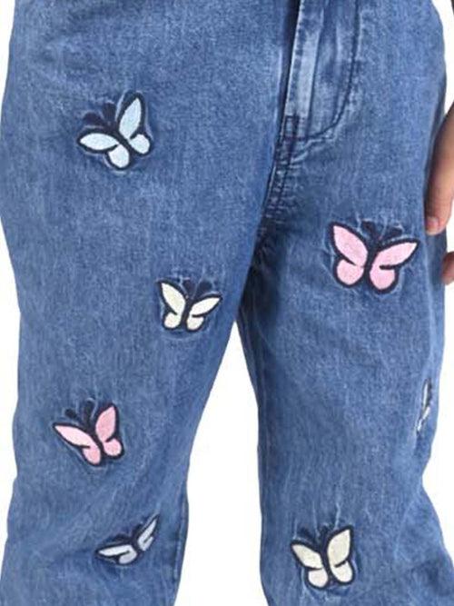 Blue Denim Jeans for Girls with Delicate Butterfly Embroidery