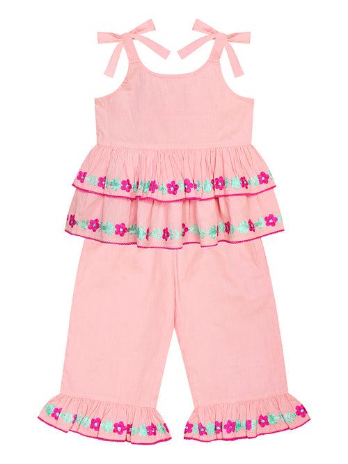 Girls Cotton Embroidered Top-Pyjama Set