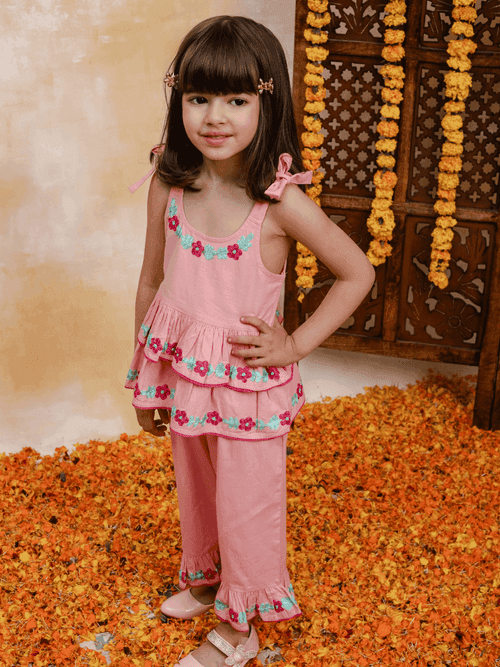 Girls Cotton Embroidered Top-Pyjama Set