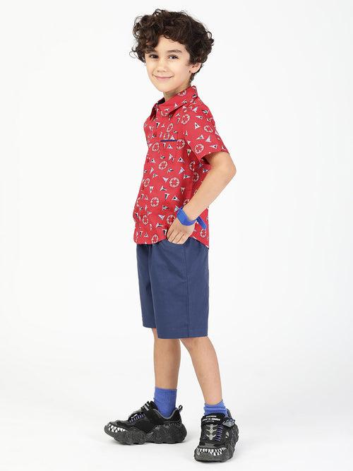 Stylish Poplin Printed Red Shirt & Shorts Combo