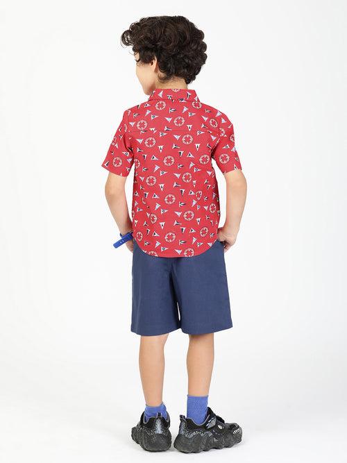 Stylish Poplin Printed Red Shirt & Shorts Combo