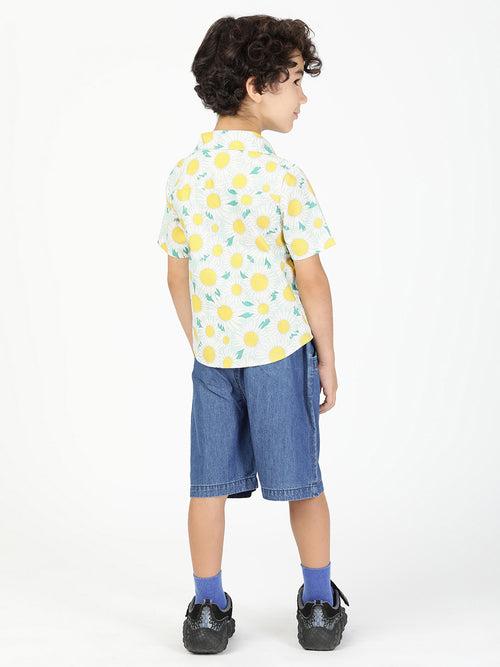 Vibrant Sunflower Printed Shirt & Denim Shorts Set