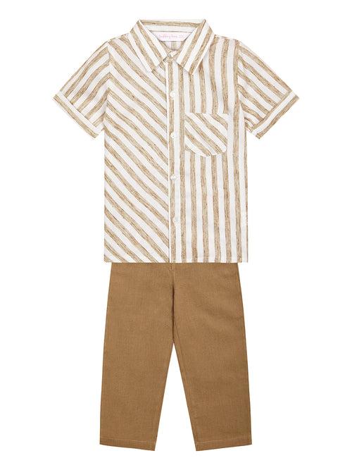 Boys Shirt and Pant Set with Stripe Print- Beige