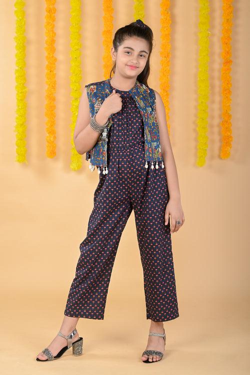 Blue Polka Dot Jumpsuit Set for Girls with Jacket