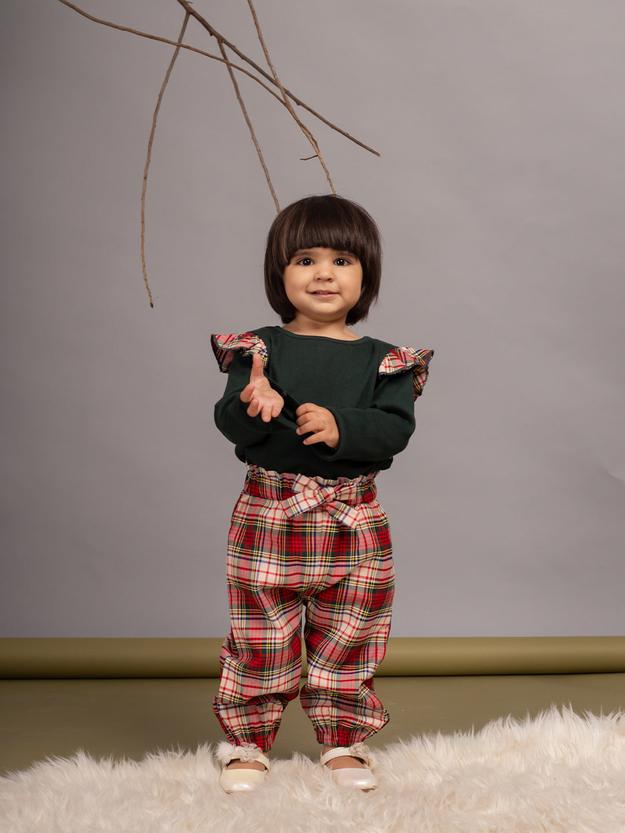 Girls Top and Red & Black Checkered Pant Set