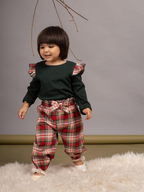 Girls Top and Red & Black Checkered Pant Set