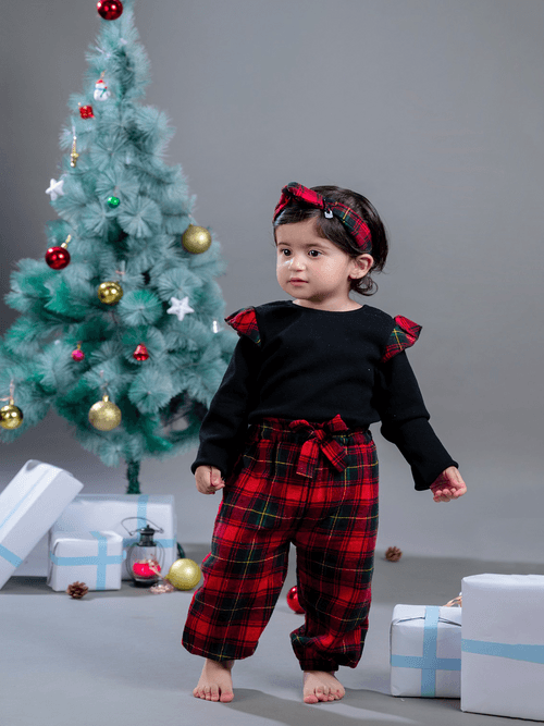 Girls Top and Red Checkered Pant Set with Matching Band