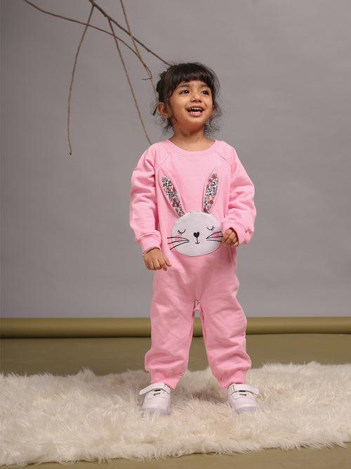 Girls Pink Rabbit Charm Onesie in Jersey Fleece by Budding Bees