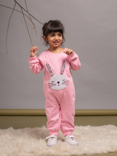 Girls Pink Rabbit Charm Onesie in Jersey Fleece by Budding Bees