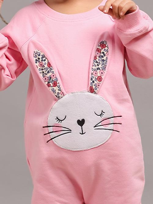 Girls Pink Rabbit Charm Onesie in Jersey Fleece by Budding Bees