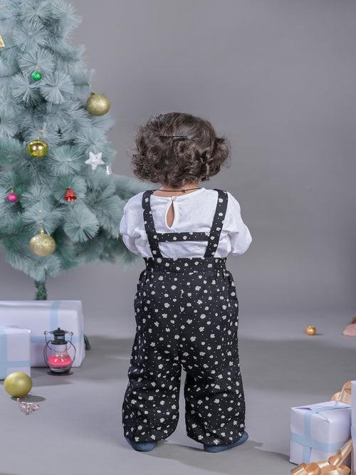 Girls Black & White Printed Dungaree with Bow