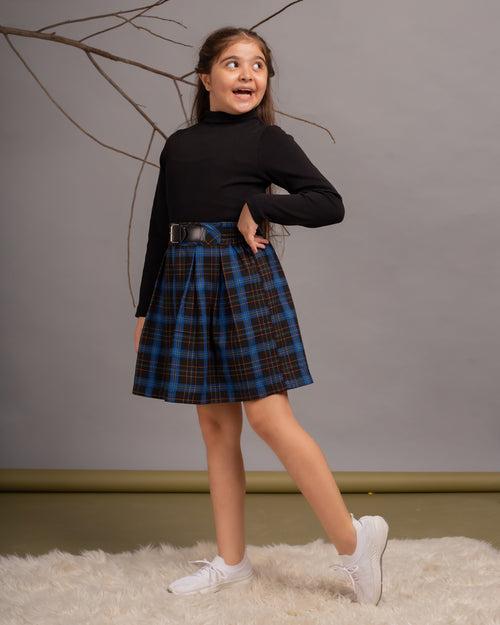 Budding Bees' Checkered T-Shirt and Black Skirt Set for Girls