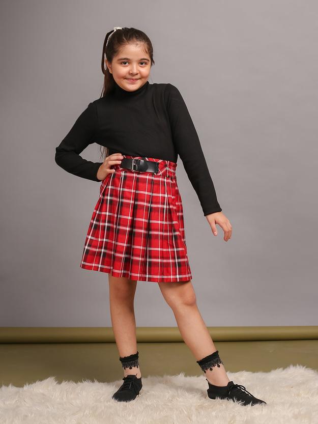 Budding Bees' Checkered T-Shirt and Red Skirt Set for Girls