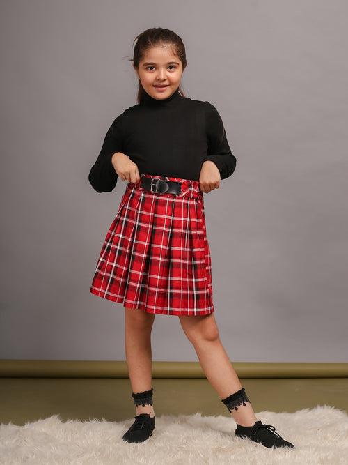 Budding Bees' Checkered T-Shirt and Red Skirt Set for Girls