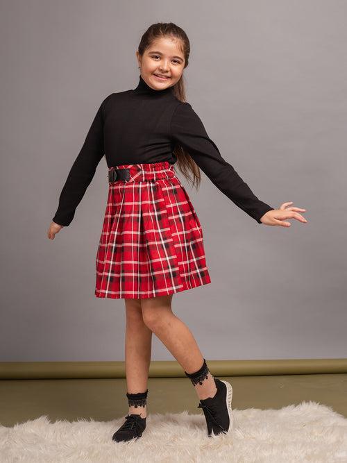 Budding Bees' Checkered T-Shirt and Red Skirt Set for Girls