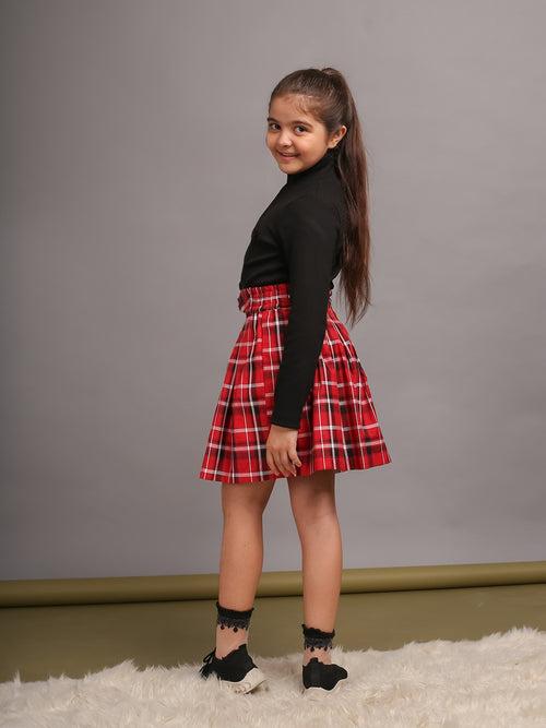 Budding Bees' Checkered T-Shirt and Red Skirt Set for Girls