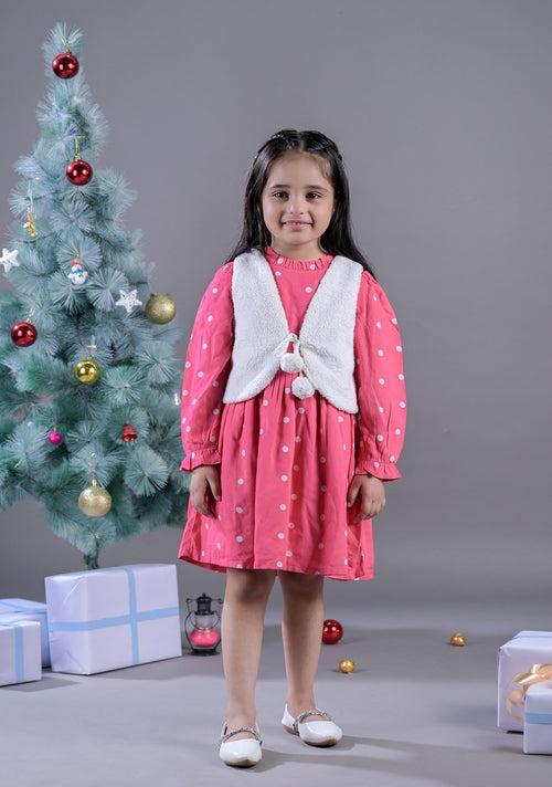 Pink & White Printed Dress Set for Girls