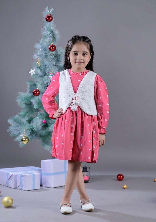 Pink & White Printed Dress Set for Girls