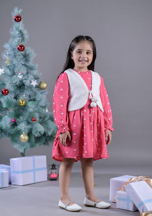 Pink & White Printed Dress Set for Girls