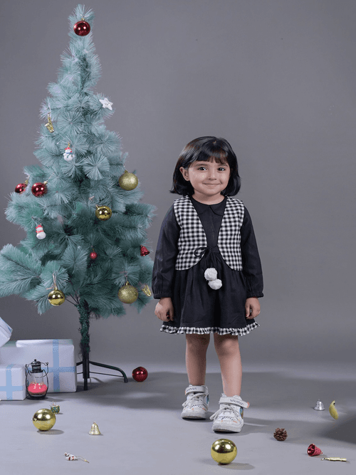 Girls Stylish Solid Dress and Checked Waistcoat