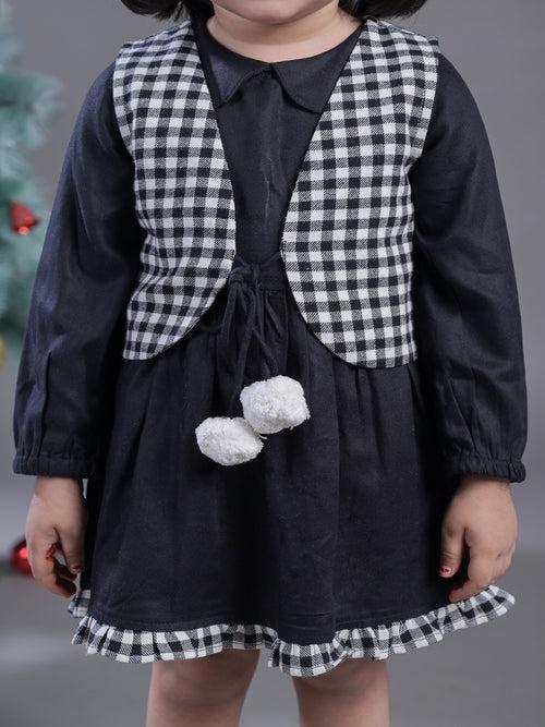 Girls Stylish Solid Dress and Checked Waistcoat