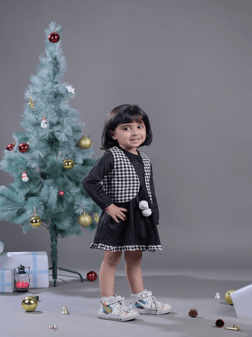 Girls Stylish Solid Dress and Checked Waistcoat