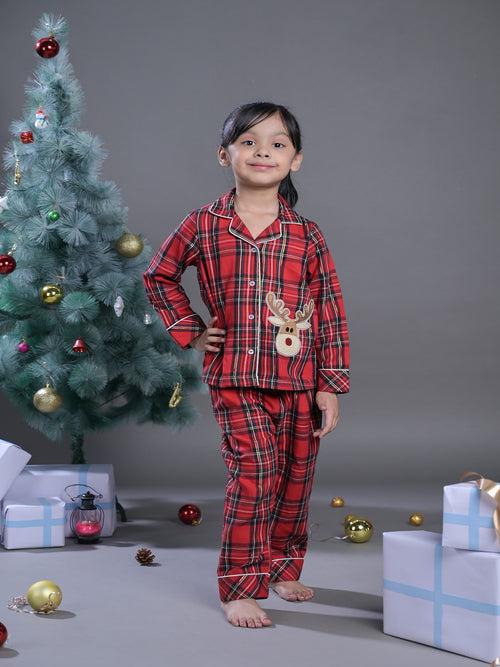 Red Checked Nightwear Set With Cute Reindeer Patch