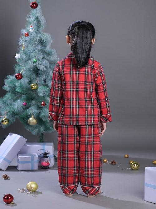 Red Checked Nightwear Set With Cute Reindeer Patch