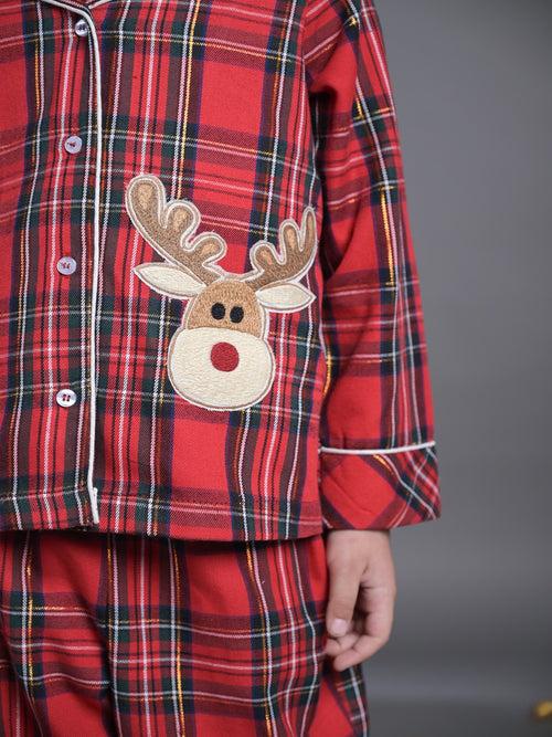 Red Checked Nightwear Set With Cute Reindeer Patch